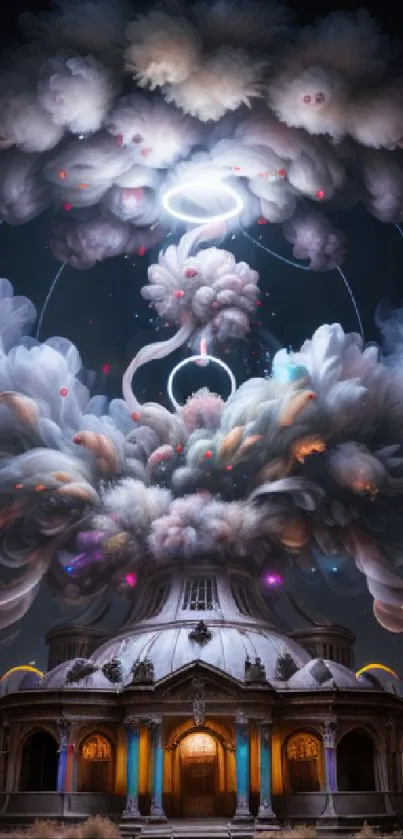 Mystical cloud formation over ancient structure, fantasy art wallpaper.