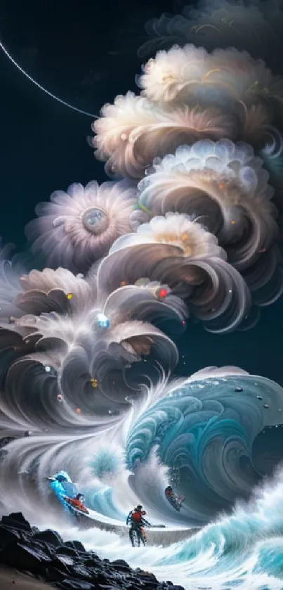 Fantasy clouds and ocean waves with a night sky.