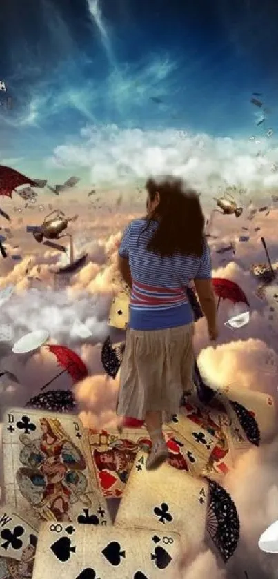 Woman walking among clouds and playing cards in a fantasy scene.