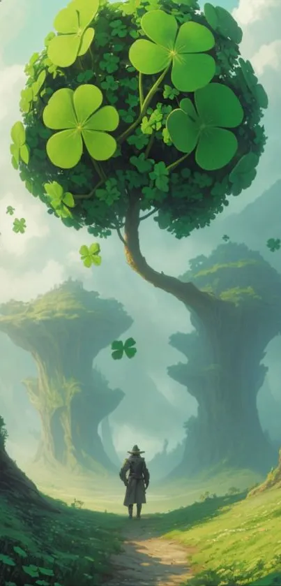 Fantasy scenery with a vibrant green clover tree.