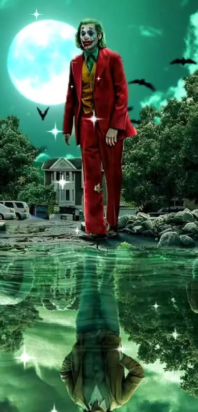 Fantasy clown in red suit under moonlit sky with reflection by the lake.