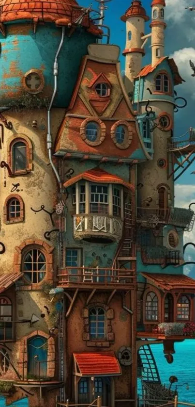 Whimsical fantasy tower by the sea on a sunny day.