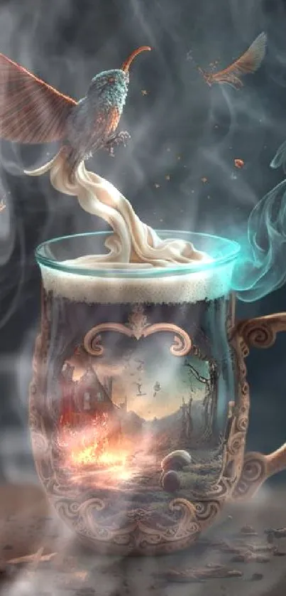 Fantasy coffee mug with ethereal birds and mystical steam.