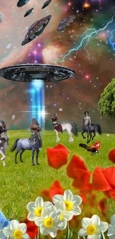 Fantasy scene with UFO and knights in a cosmic landscape.