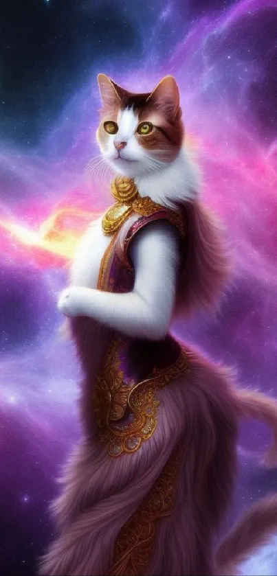 Mystical cat in cosmic attire with vibrant nebula backdrop.