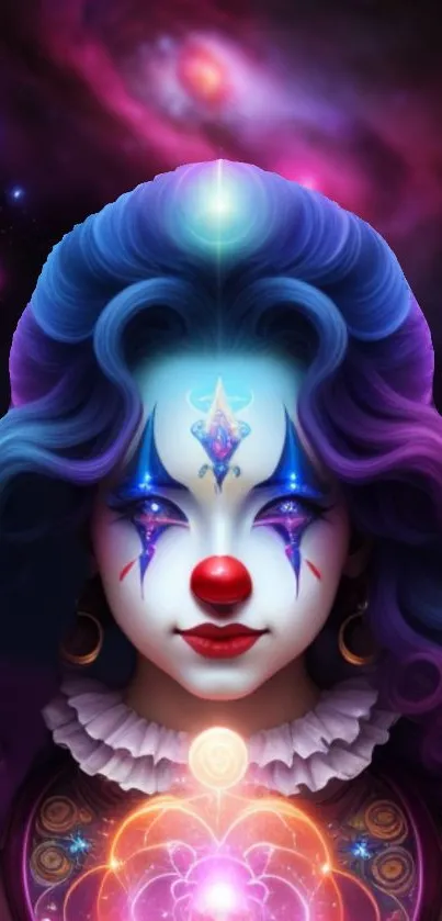 Cosmic clown in vibrant fantasy art wallpaper.