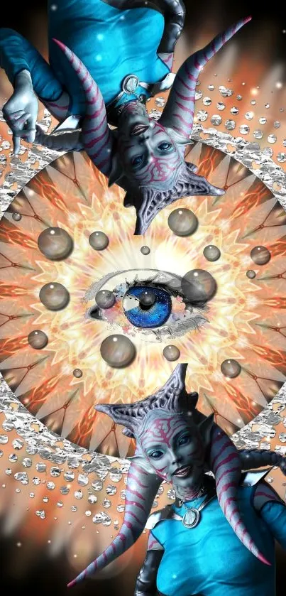 Abstract fantasy creature with cosmic background in vibrant blue and orange hues.