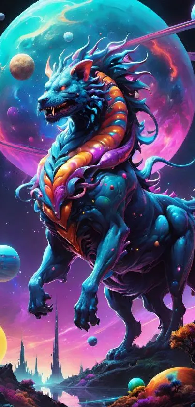 Fantasy creature in cosmic landscape with planets and vibrant colors.