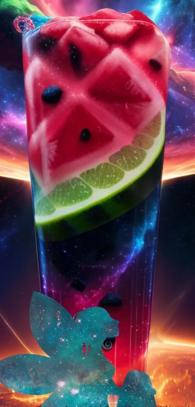 Cosmic fruit wallpaper with vibrant colors and surreal design featuring fruit slices.