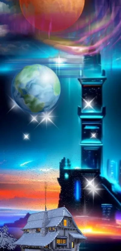 Futuristic tower under cosmic sky with vibrant planets and stars.