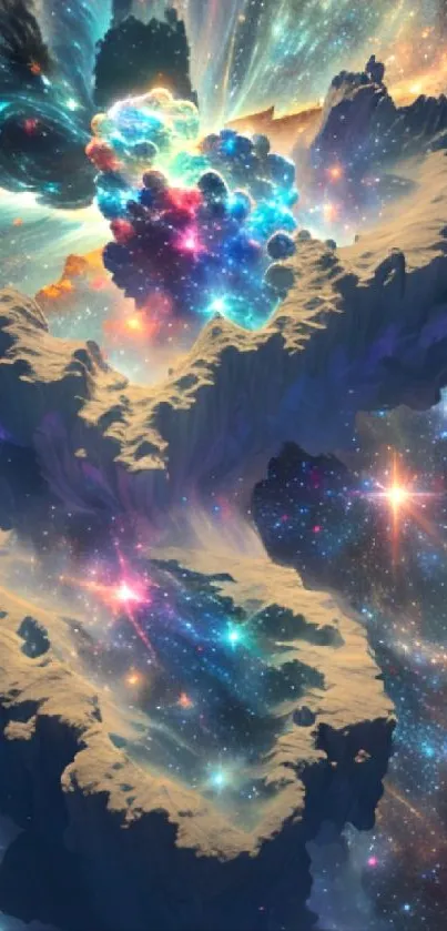 Fantasy cosmic landscape with colorful stars and nebulas.