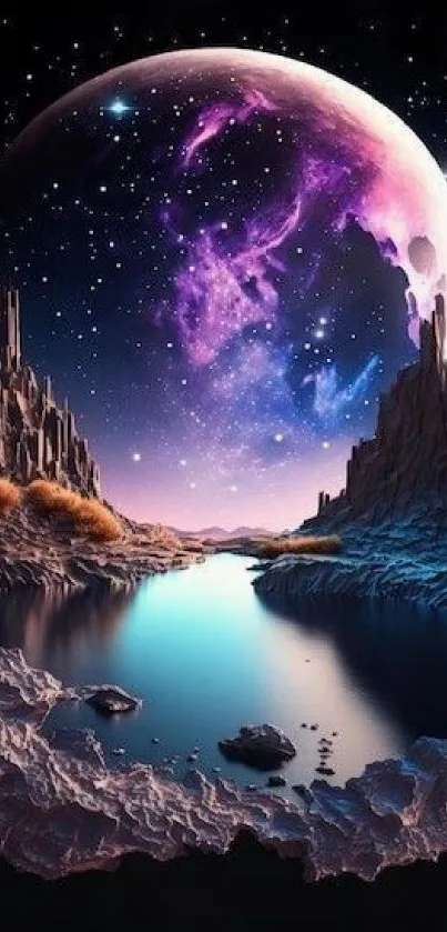 Surreal cosmic landscape mobile wallpaper with a vibrant sky and water reflection.