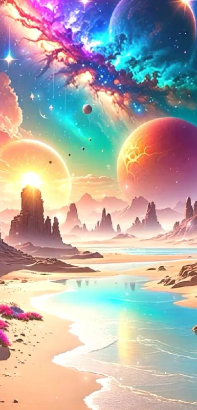 Vibrant fantasy cosmic landscape with planets and a peaceful beach.