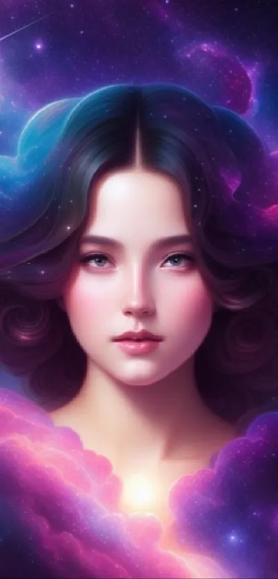 Mystical female portrait in cosmic galaxy with vibrant purple hues.