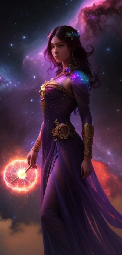 Fantasy cosmic princess in space with vibrant purple hues and celestial background.