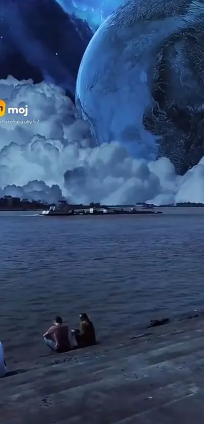 Surreal river with giant planet and blue sky backdrop.