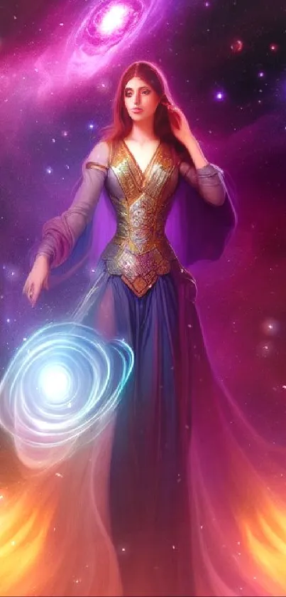 Fantasy cosmic sorceress art with vibrant purple hues.