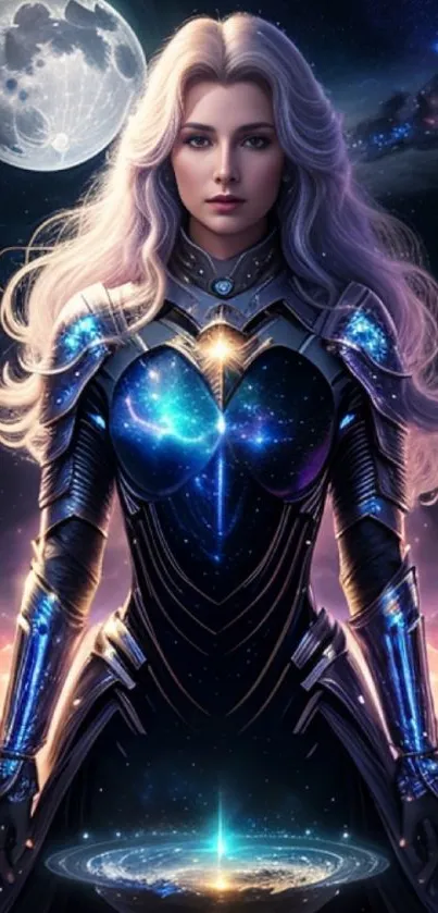 A cosmic warrior with celestial armor set against a moonlit space background.