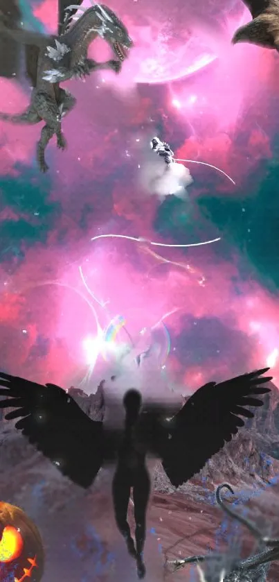 Fantasy cosmos wallpaper with vibrant pink nebula and mystical creatures.