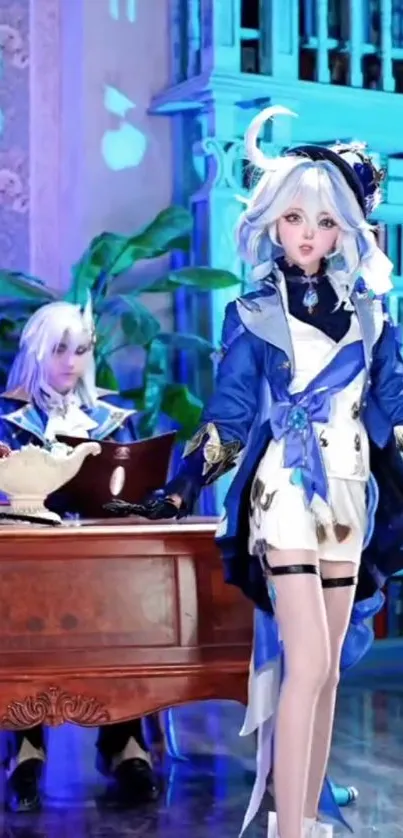 Two fantasy characters in blue cosplay with mystical setting.