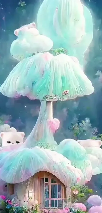 Whimsical wallpaper of a cotton candy tree with pastel colors and a hidden bear.