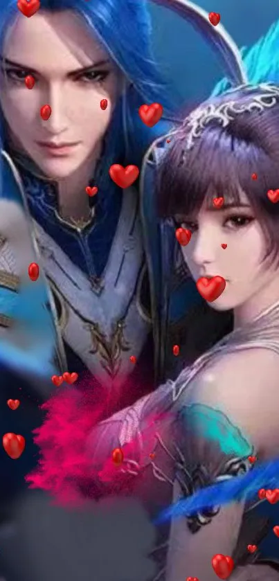 Fantasy couple in mystical setting with hearts on blue background.