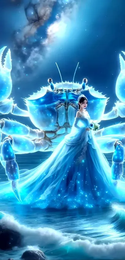 Fantasy art of a woman with a glowing crab under a starry sky, ocean background.