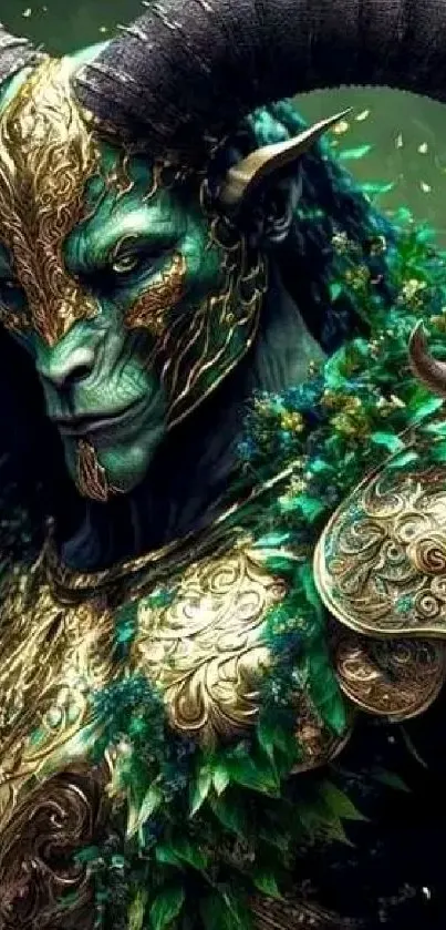 Fantasy creature with green and gold armor in a mystical setting for mobile wallpaper.