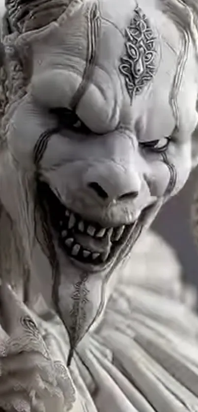 Close-up of a detailed fantasy creature's face, featuring intricate design.