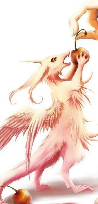 Fantasy creature with wings eating a cherry on a soft background.