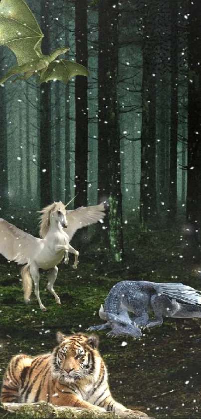 Fantasy creatures in a mystical forest setting on mobile wallpaper.