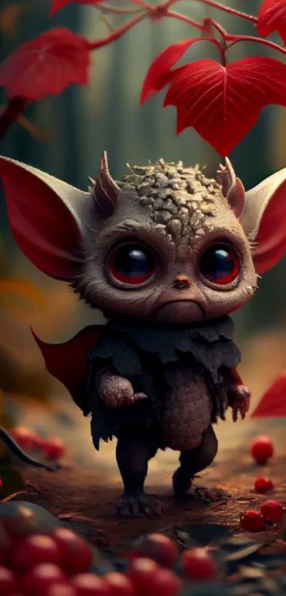 Fantasy creature with big eyes in red-leaf forest.