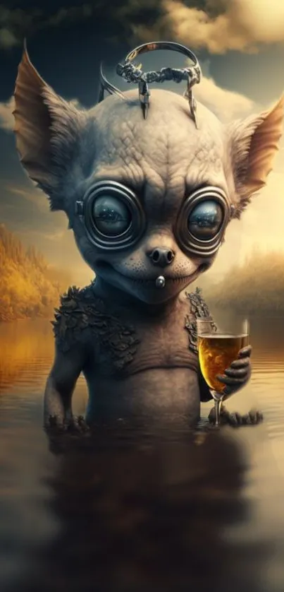 Fantasy creature with goggles in a serene lake setting, holding a drink.