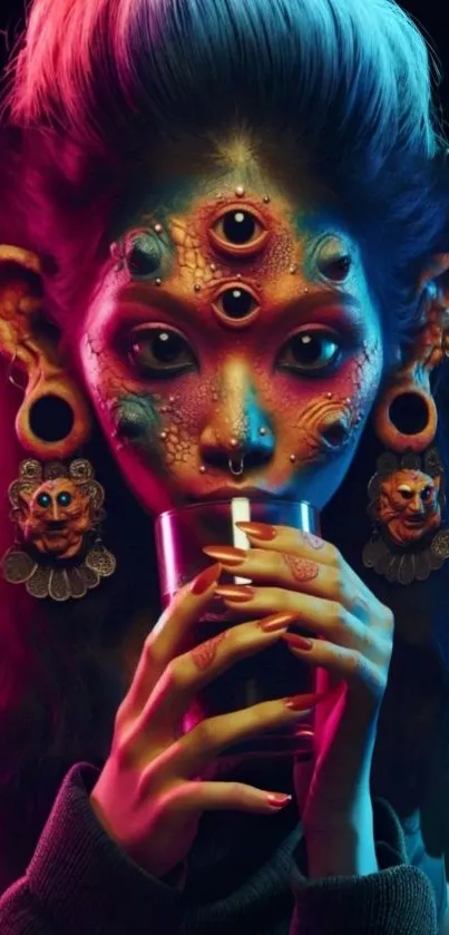 Futuristic monster with vibrant colors and surreal design in mobile wallpaper.