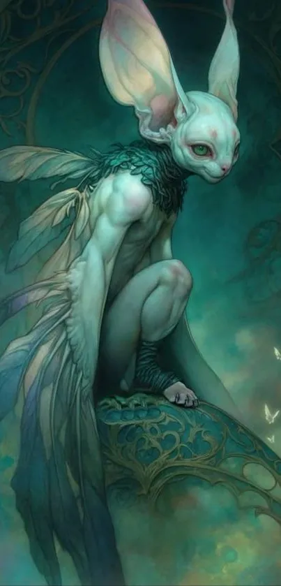 Fantasy creature with wings on teal background.