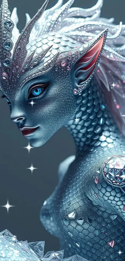 Fantasy creature with silver scales and vibrant design
