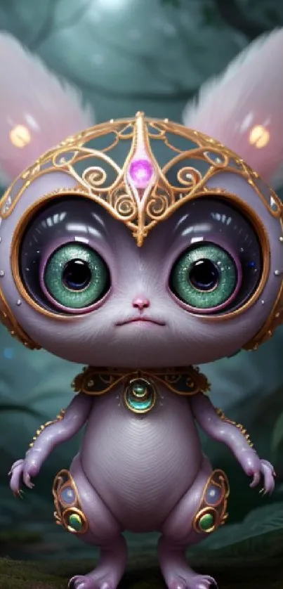 Cute fantasy creature with big eyes and a golden helm.