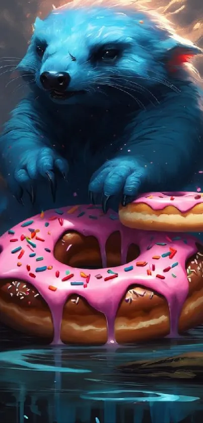 Blue creature with pink donuts in fantasy art.