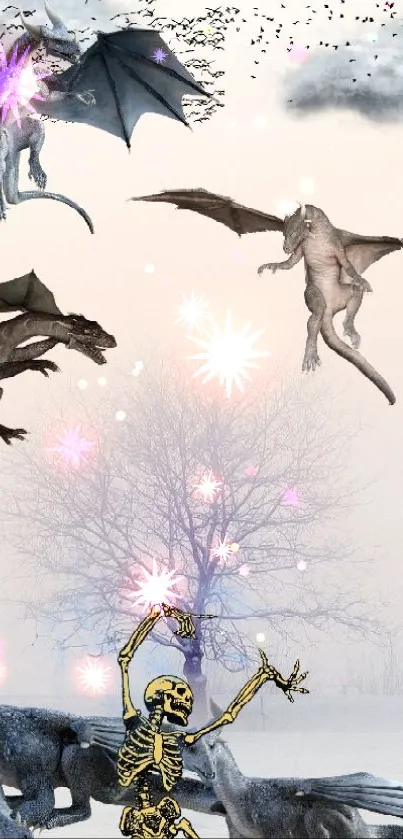Fantasy creatures wallpaper with dragons and wolves in misty landscape.