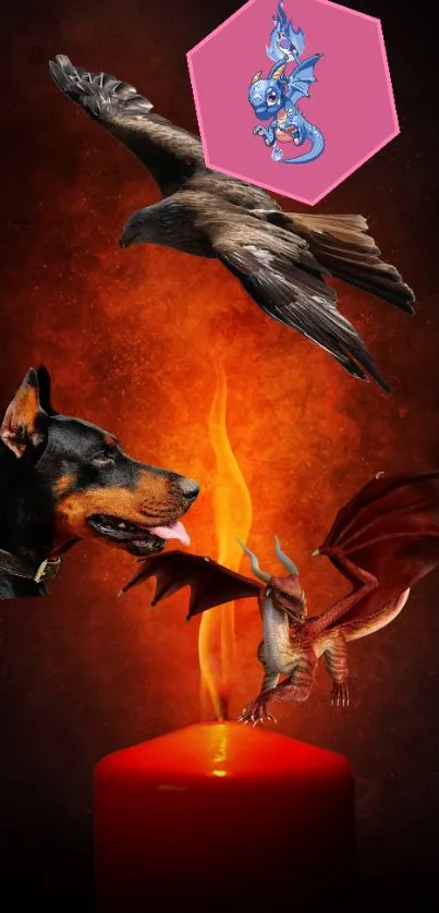 Fantasy wallpaper with dragon, hawk, and dog around a candle flame.