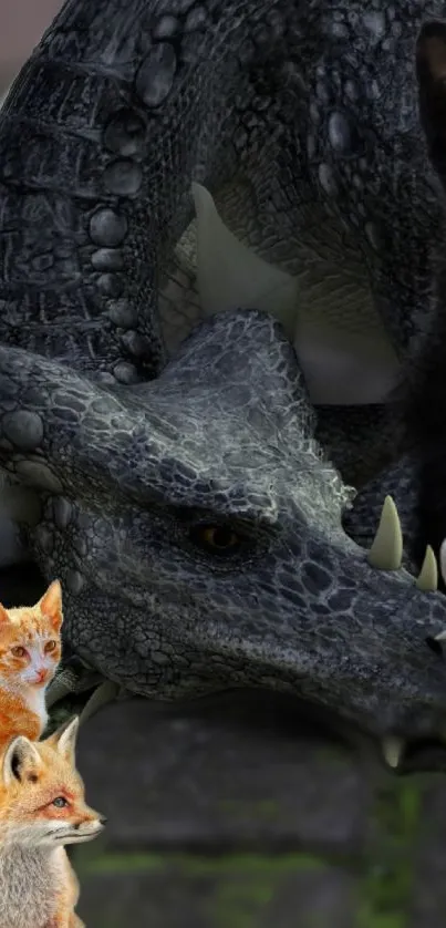 Fantasy wallpaper with dragon, black cat, and foxes in dark colors.