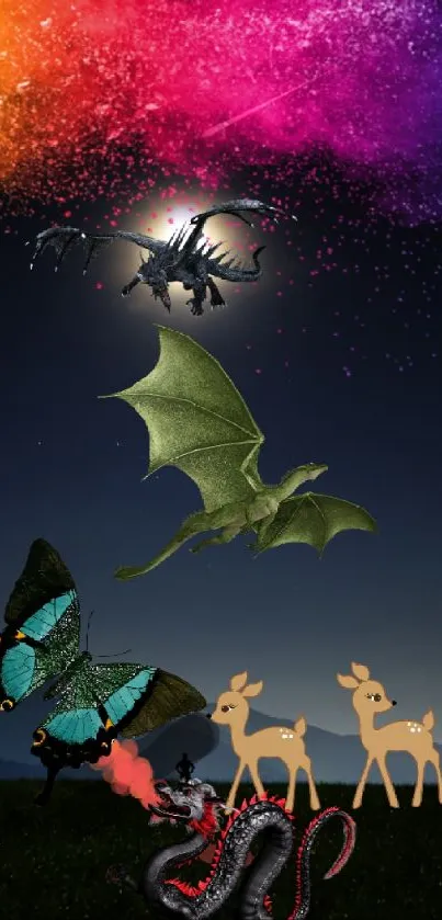 Fantasy-themed phone wallpaper with dragons, butterflies, and colorful cosmic sky.