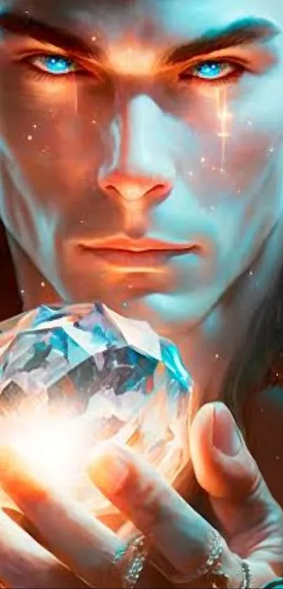 Man with glowing blue eyes holding a radiant crystal in hand.