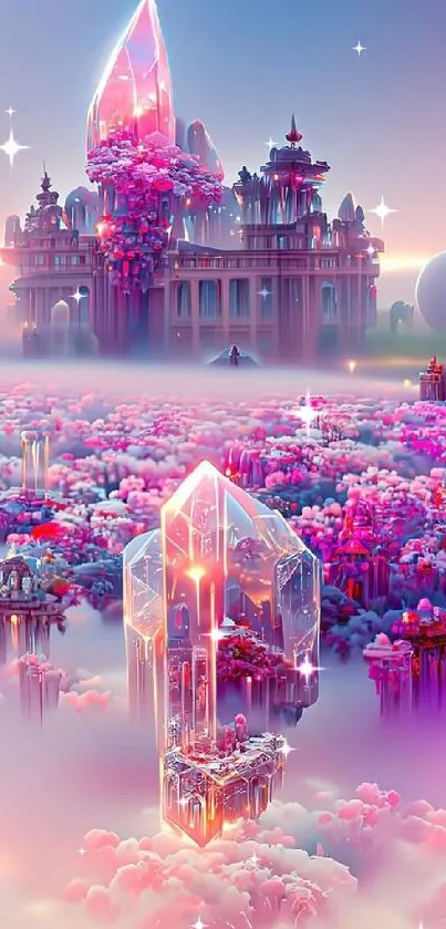 Fantasy crystal palace with pink clouds.