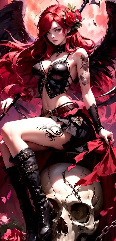 Fantasy dark angel with red hair and wings sitting on a skull.