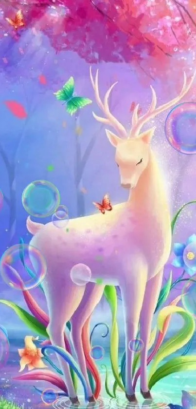 Fantasy deer in colorful nature scene with butterflies and flowers.