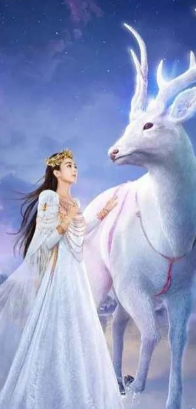 Princess with a magical white deer in a fantasy landscape.