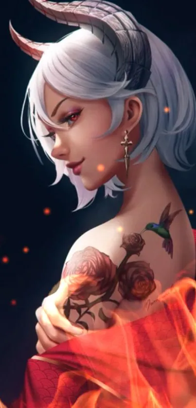 Fantasy demon girl with white hair and flames in a digital art wallpaper.