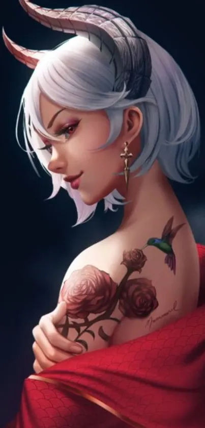 Fantasy art of a demon girl with tattoos and a hummingbird.