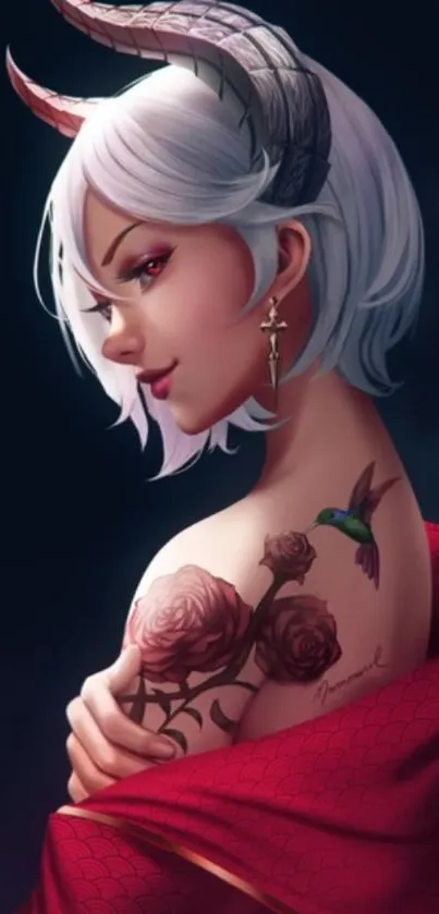 Artistic illustration of a demon girl with white hair and tattoos.